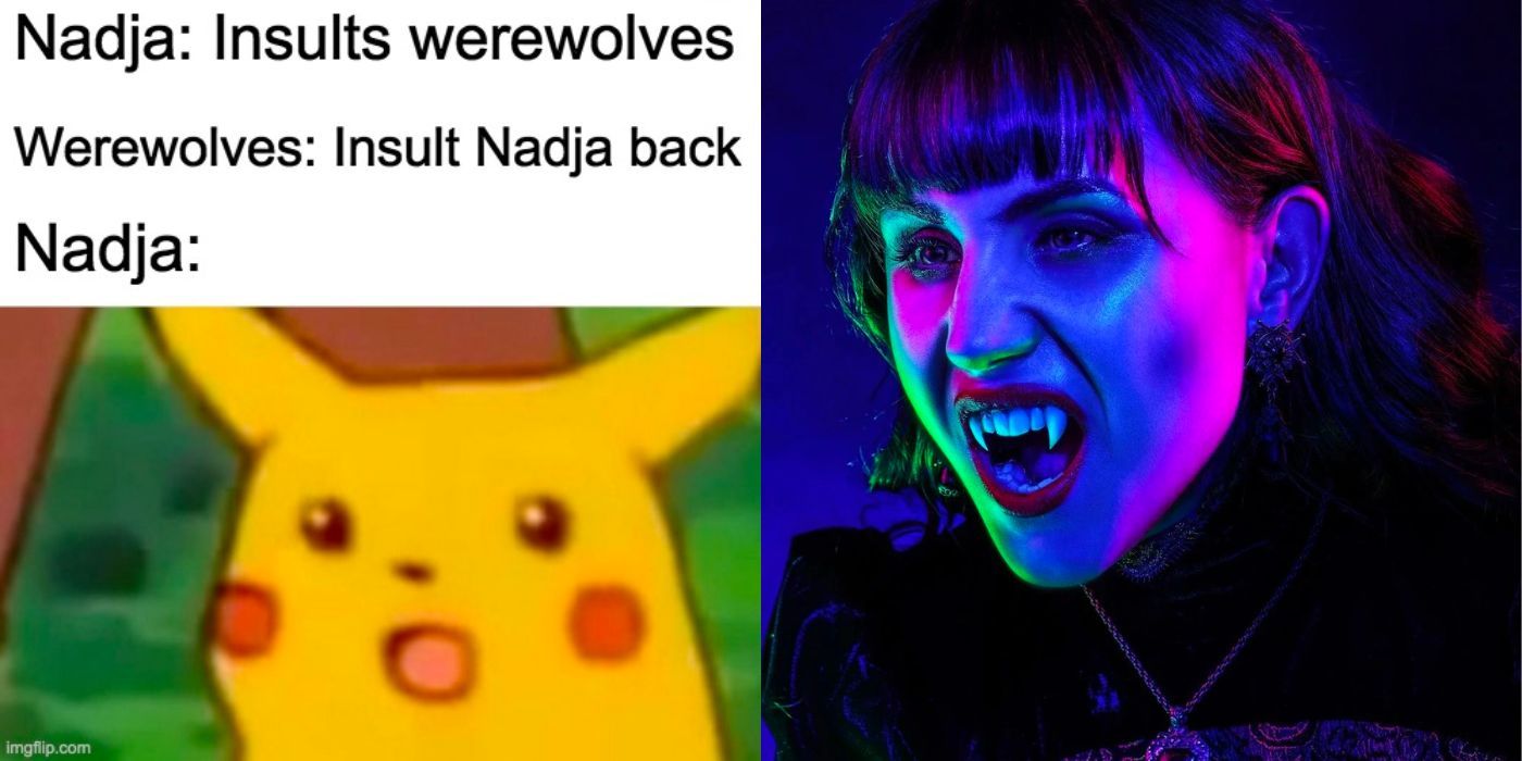 A split image showing a meme and Nadja from What We Do in the Shadows