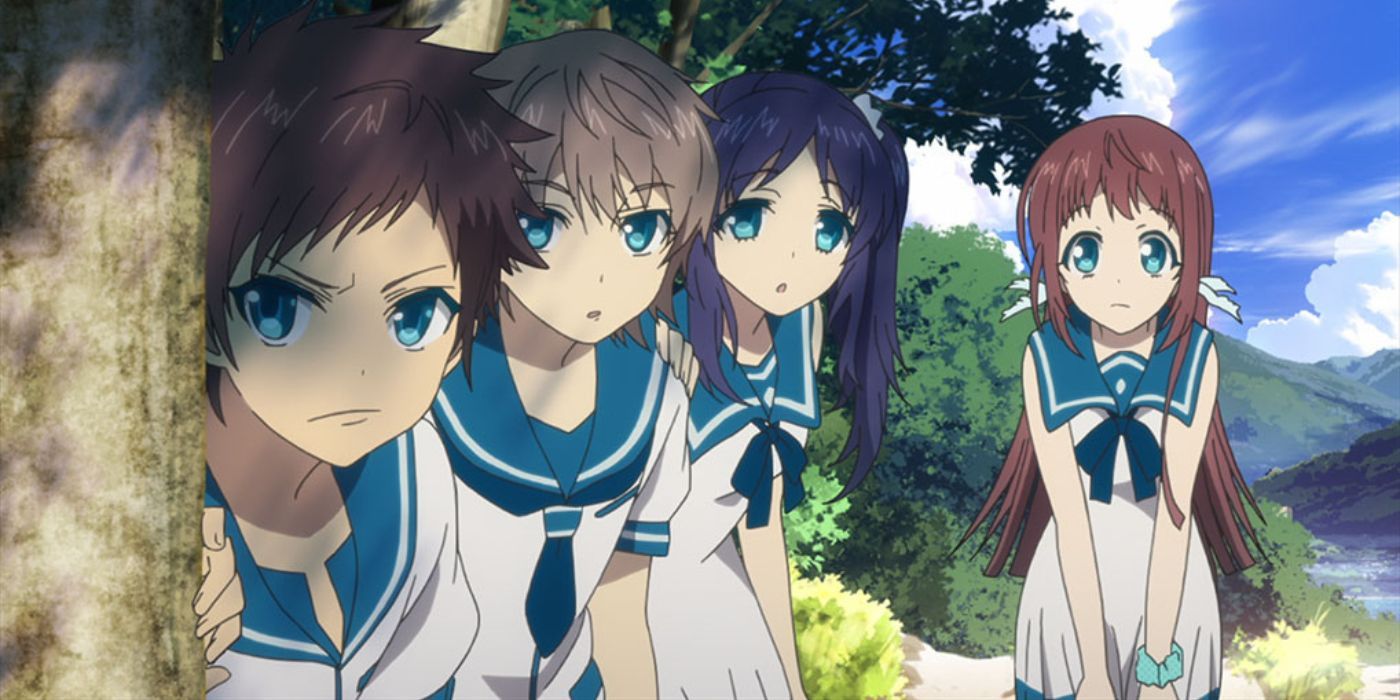 Characters from the Nagi No Asukara anime lurking behind a tree.