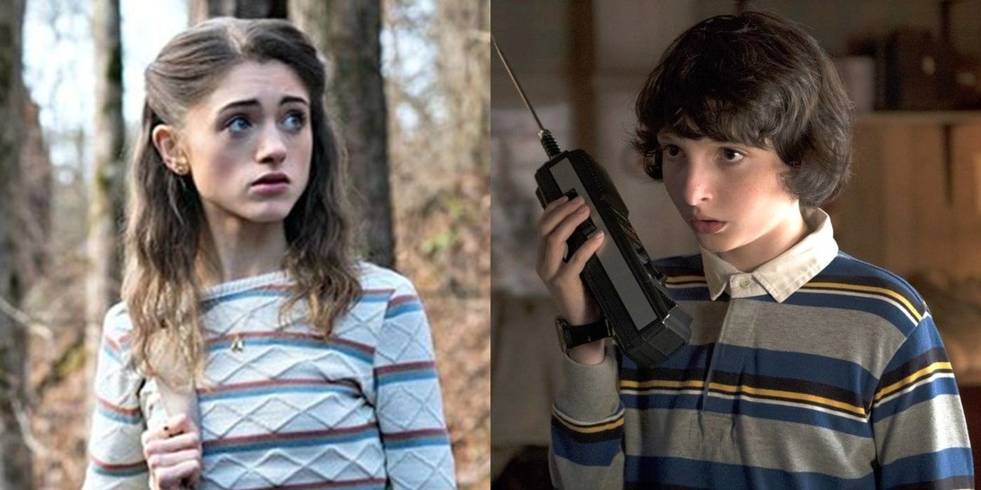 Split image of Nancy outside and Mike on the phone on Stranger Things