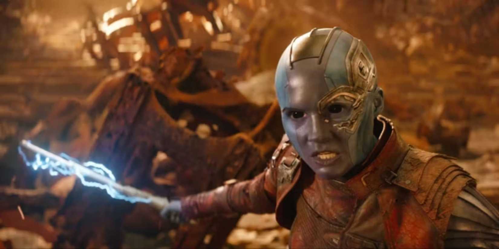 Nebula attacking Thanos with the Avengers