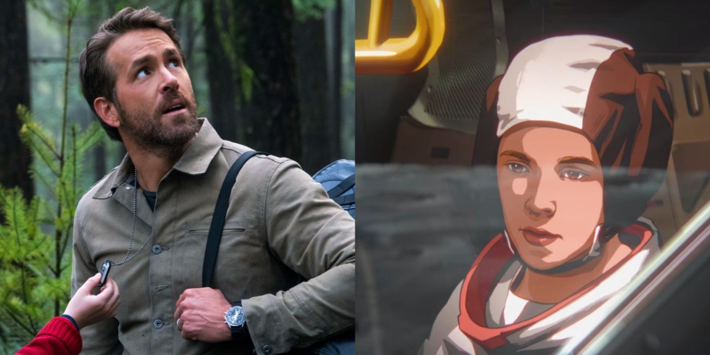 A split Image of Ryan Reynolds in The Adam Project and Stanley in Apollo 10 1/2: A Space Age Adventure.
