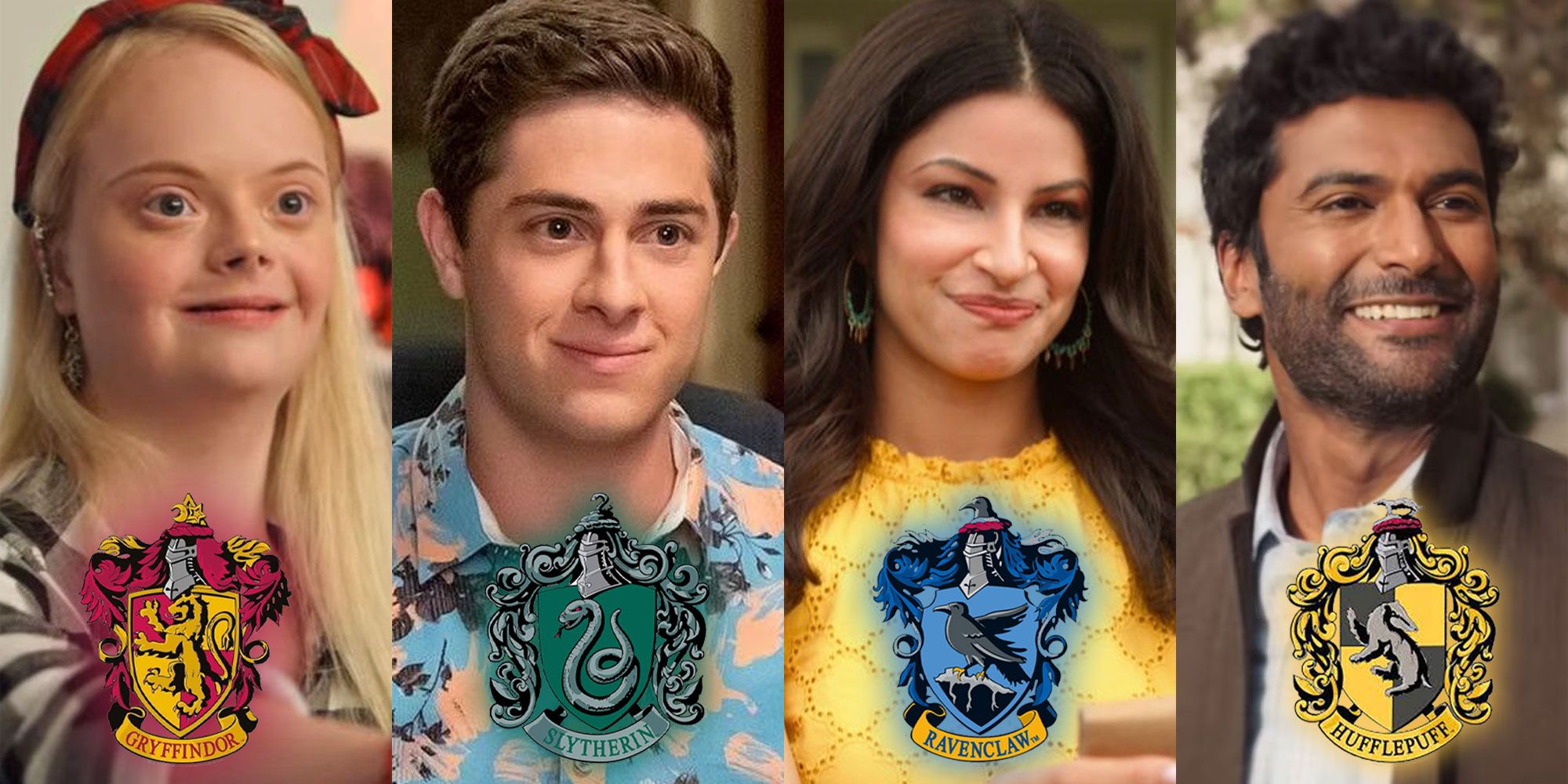 A split image features Never Have I Ever characters Rebecca, Ben, Kamala, and Mohan with their respective Hogwarts House crests at the bottom