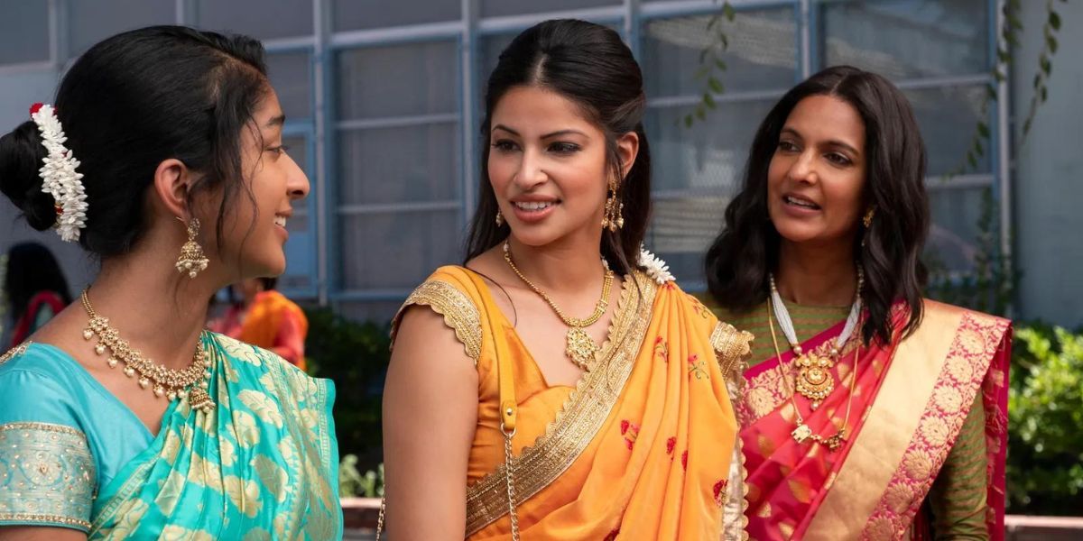 Devi, Kamala, and Nalini in season 1 of Never Have I Ever wearing saris 