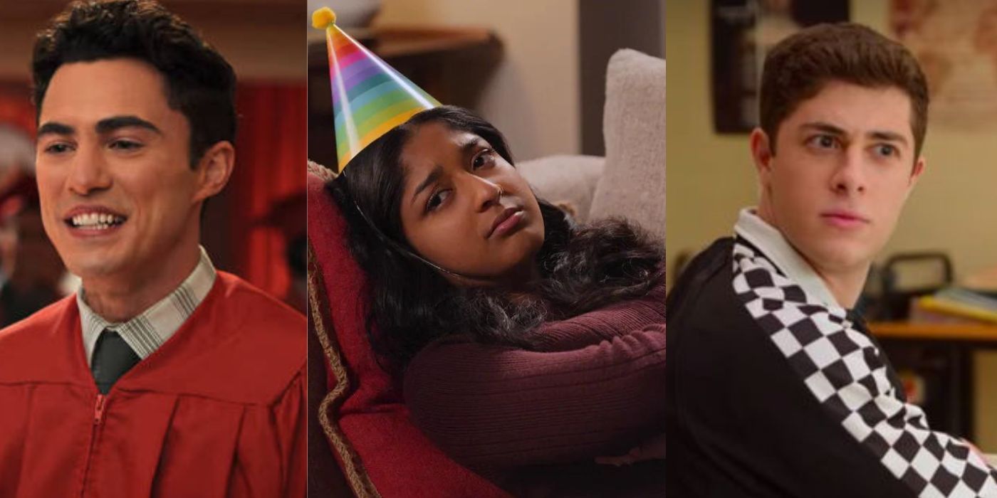 Split Image: Paxton graduation, Devi with a party hat, and Ben looking annoyed in Never Have I Ever