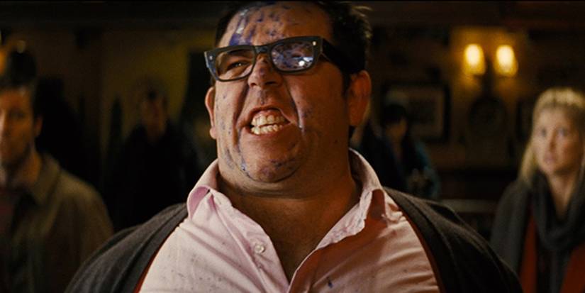 Nick Frost covered in robot blood in The World's End