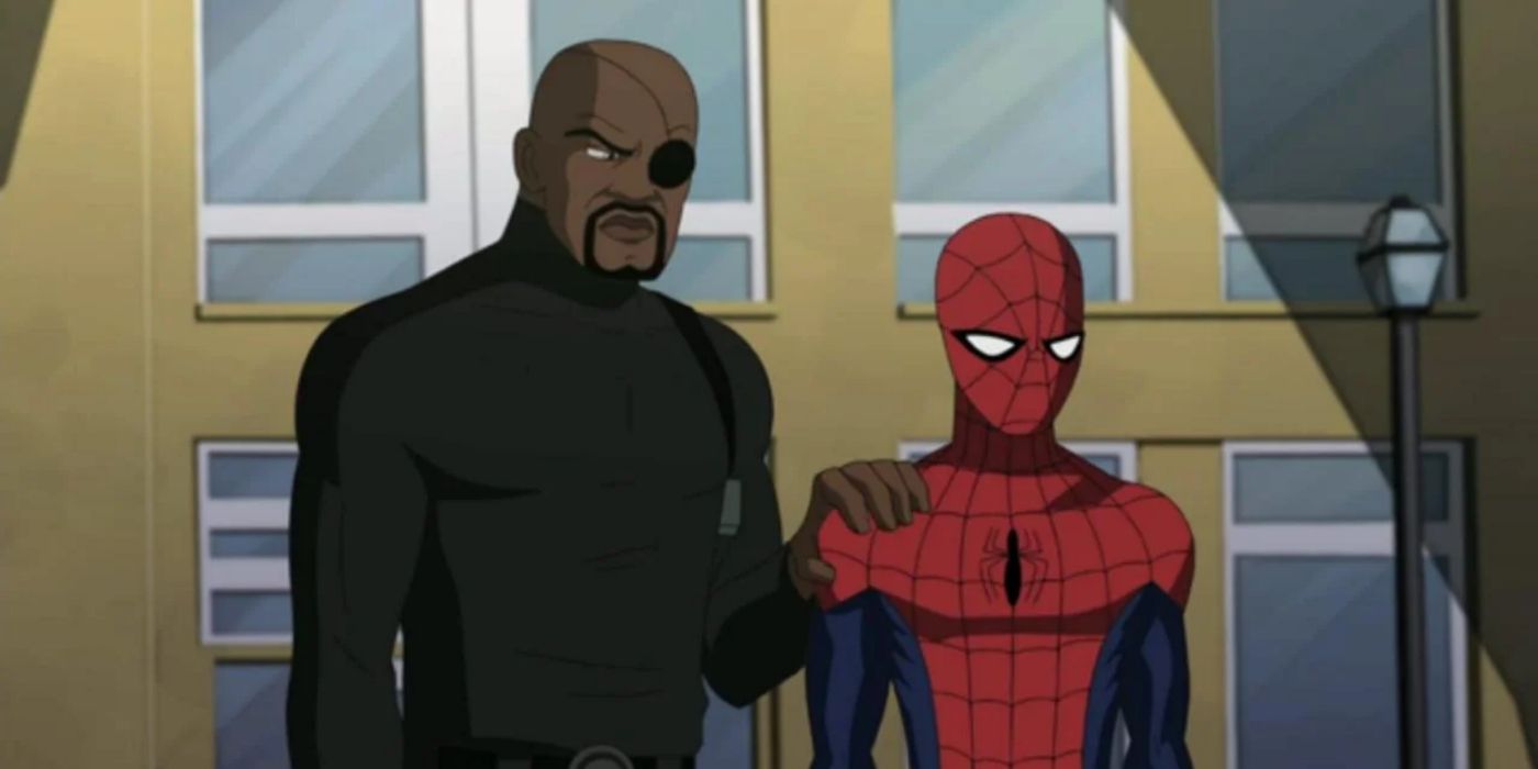 Nick Fury em pé com o Homem-Aranha em Ultimate Spider-Man