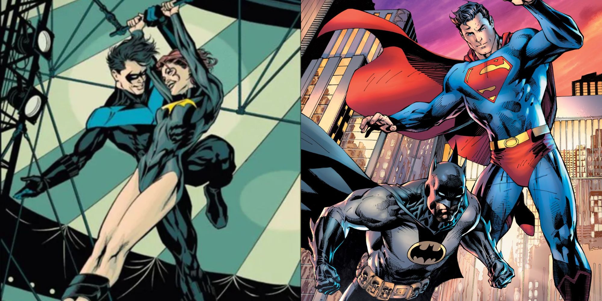 Split image showing Nightwing & Batgirl and Batman & Superman in DC Comics.