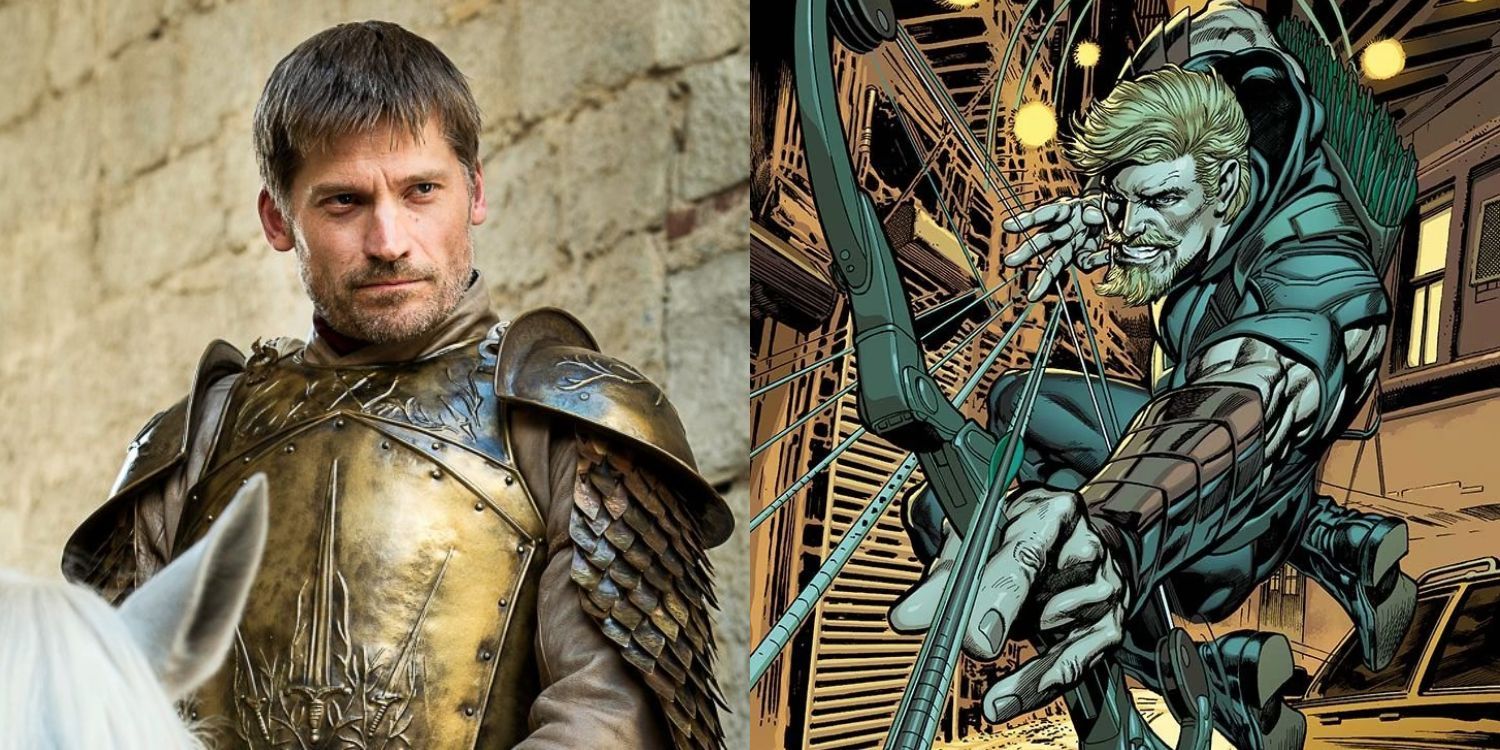 Split image of Nikolaj Coster-Walau and Green Arrow