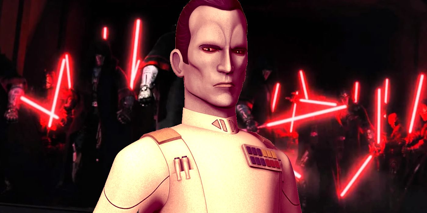Grand Admiral Thrawn in front of a picture of the Sith Army in SWTOR