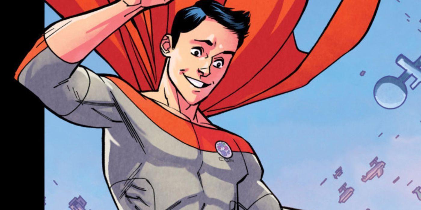 Oliver Grayson volando y sonriendo en los cómics de Invicinble.