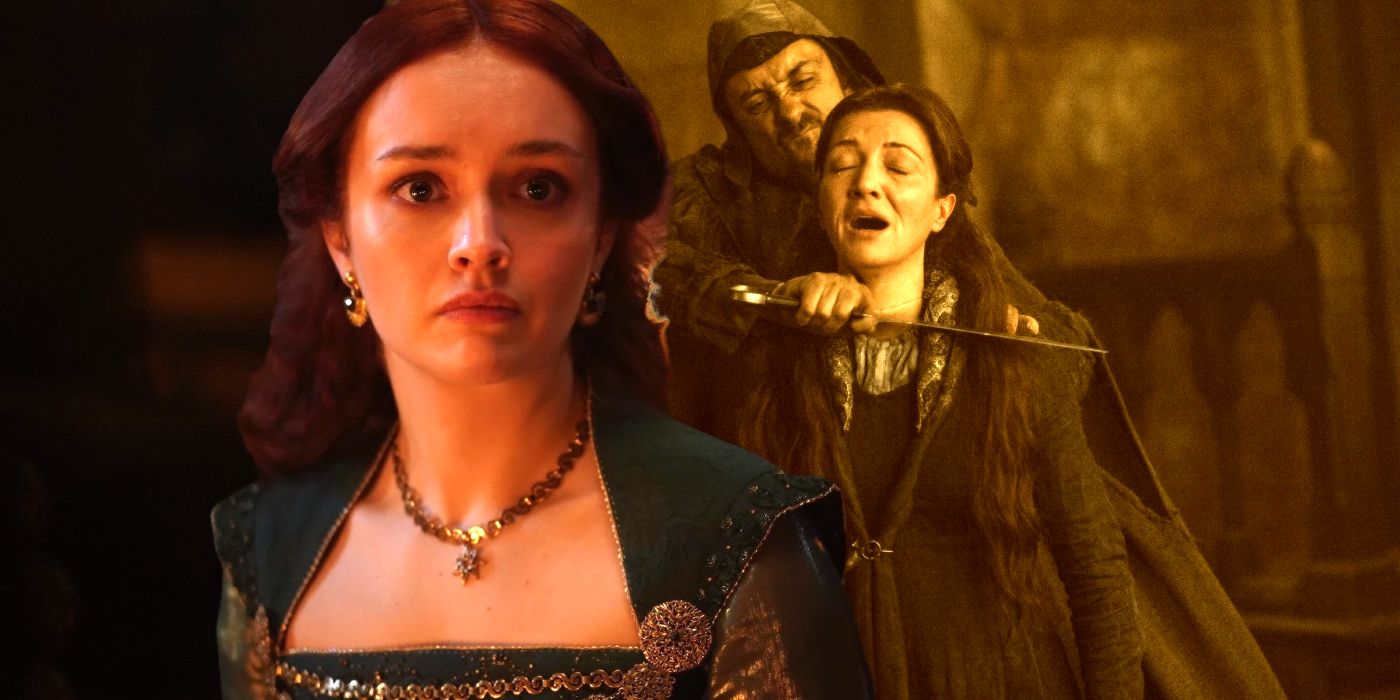 Olivia Cooke como Alicent Hightower em House of the Dragon e Catelyn Stark sendo morta no casamento vermelho em Game of Thrones