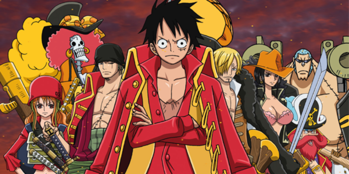 Luffy and his crew in red attire holding weapons