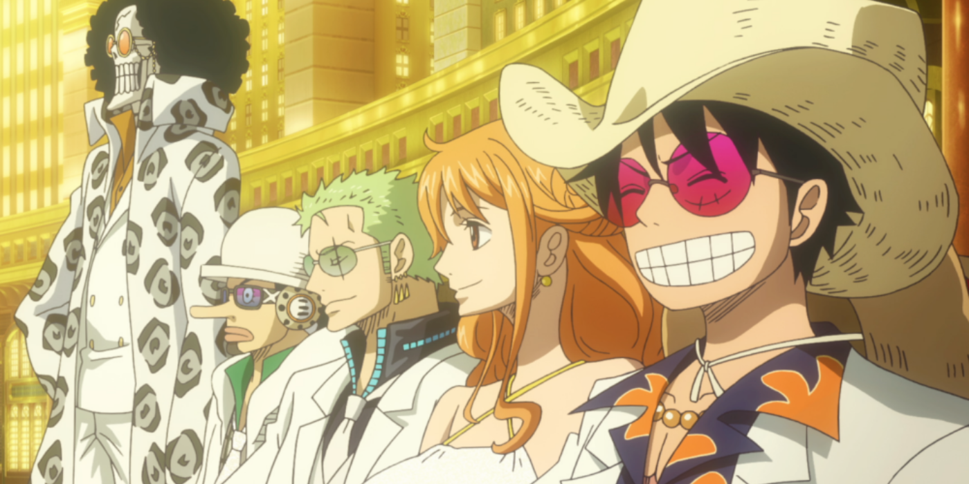 Luffy's crew in white sophisticated attires in One Piece Film: Gold