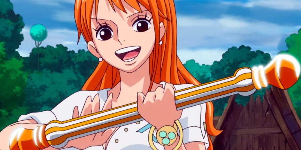 Nami holds a baton in One Piece