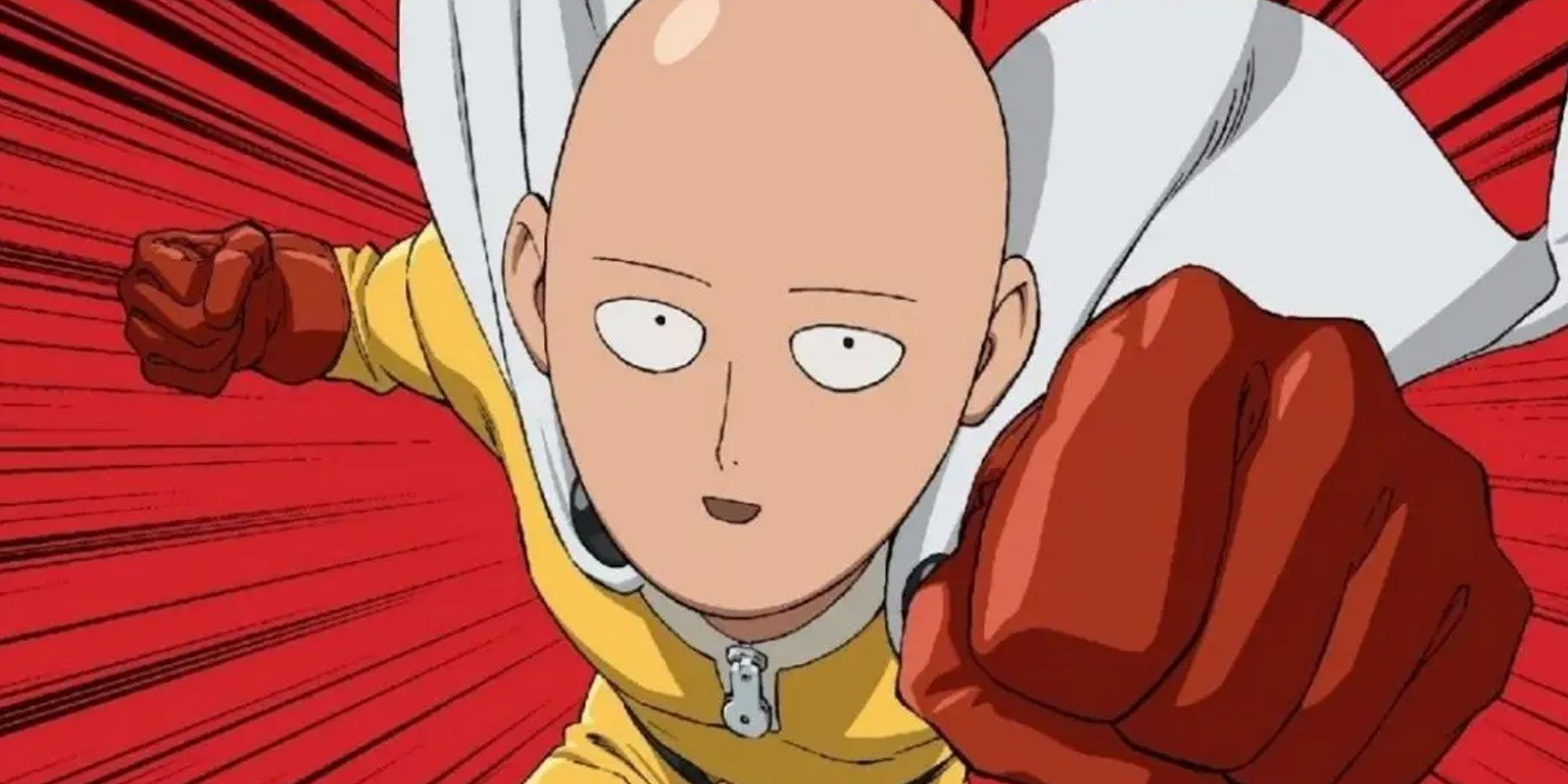 One-Punch Man&rsquo;s Saitama with his simple face against a red background.