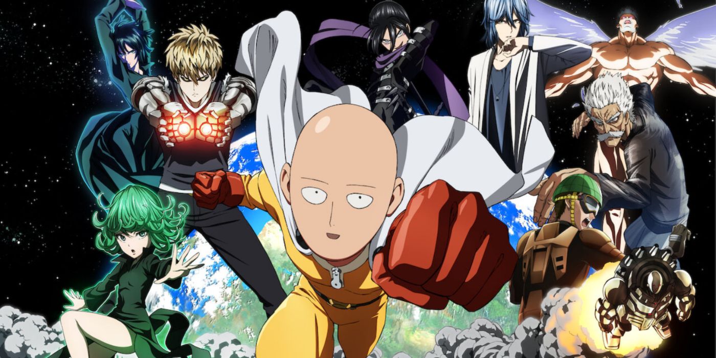 Arte chave da primeira temporada de One-Punch Man com Saitama e seu elenco de apoio no espaço.