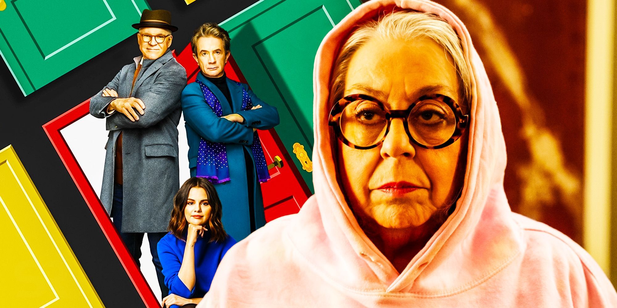 Only Murders In The Building main cast poster next to bunny folger wearing a hoody