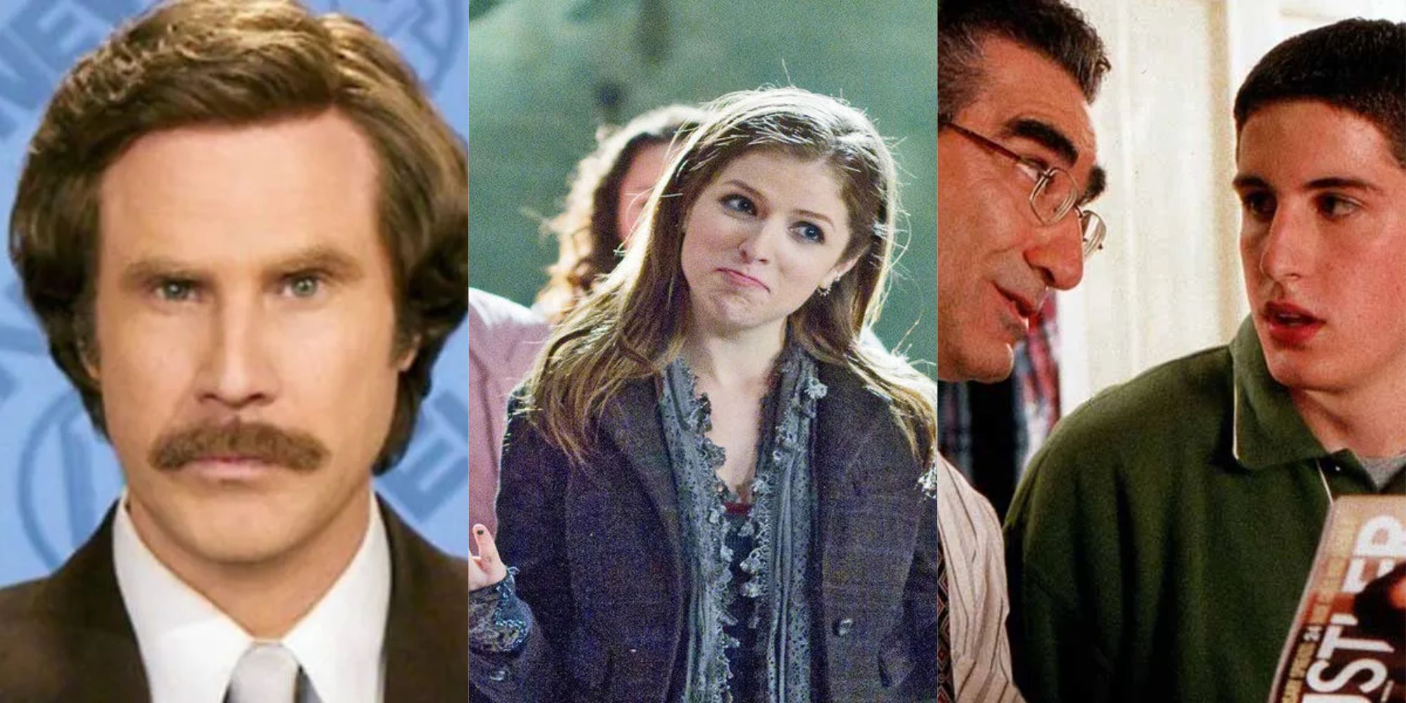 Split image of clips from the comedy films Anchorman, Pitch Perfect, and American Pie. 