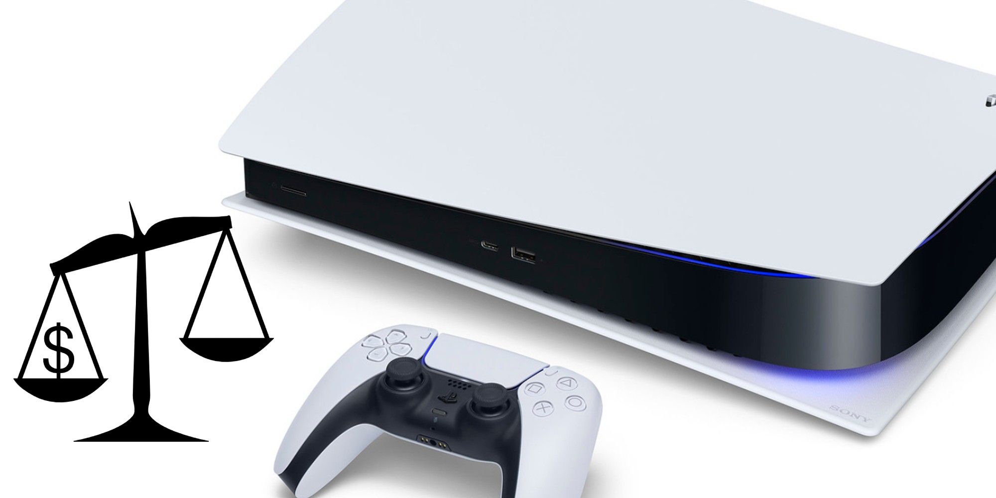 Una consola PlayStation 5 y un controlador DualSense junto a un icono de balanza desequilibrada con un signo de dinero en el lado más pesado.