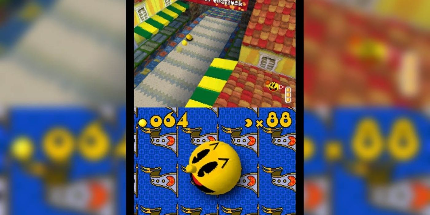 Gameplay de Pac 'N Roll mostrando uma versão bola de Pac Man