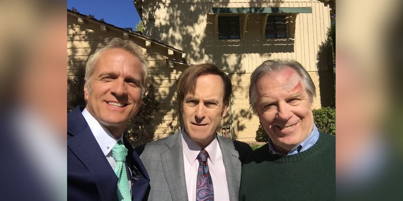 Patrick Fabian, Bob Odenkirk and Michael McKean share a happy moment as they smile behind the scenes of Better Call Saul