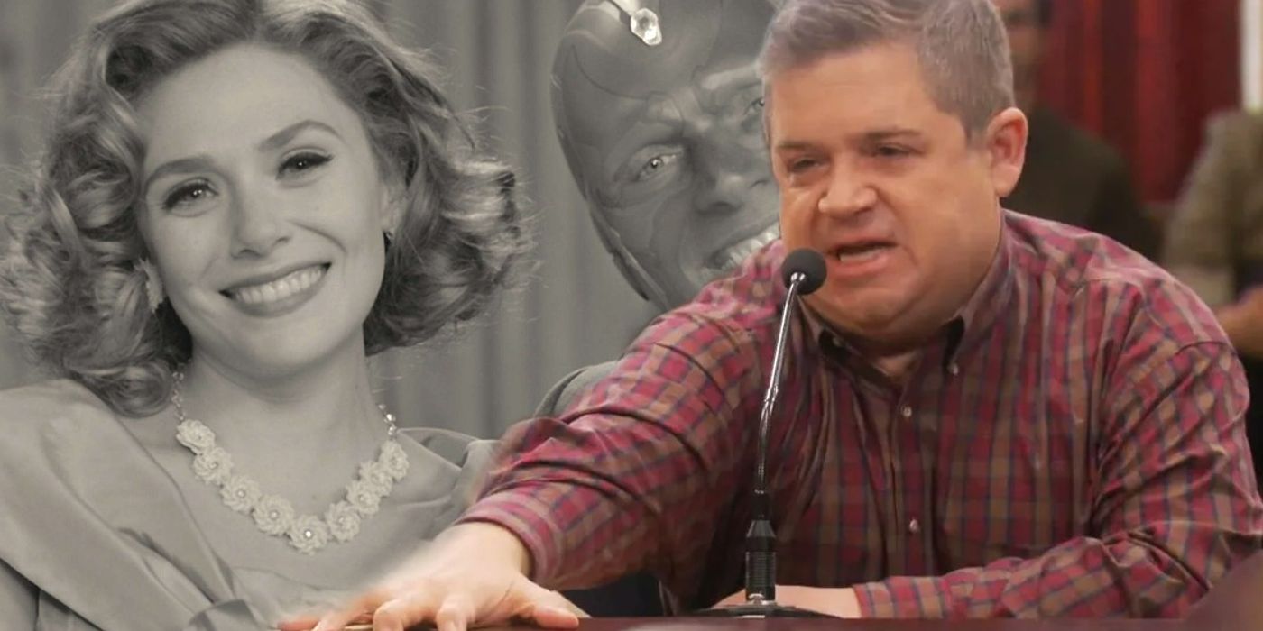 Patton Oswalt standing at microphone in Parks and Rec next to black and white Wanda and Vision in WandaVision