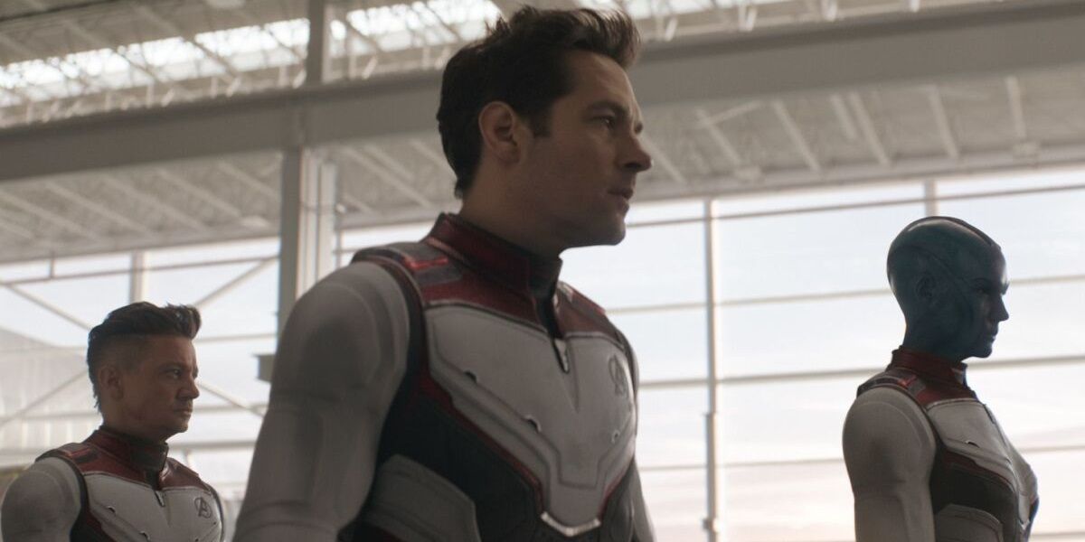 Paul Rudd in a white Avengers suit in Endgame