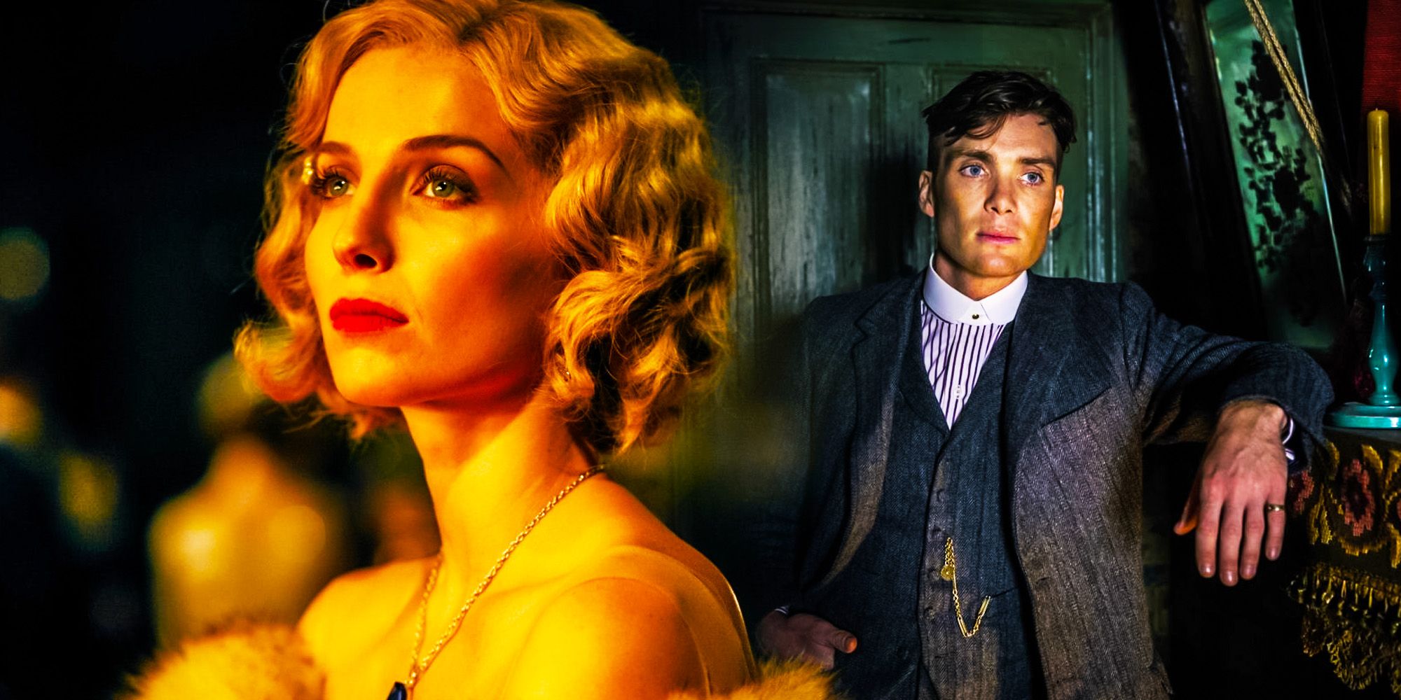 Peaky Blinders collage: Annabelle Wallis as Grace on the left and Cillian Murphy as Tommy on the right