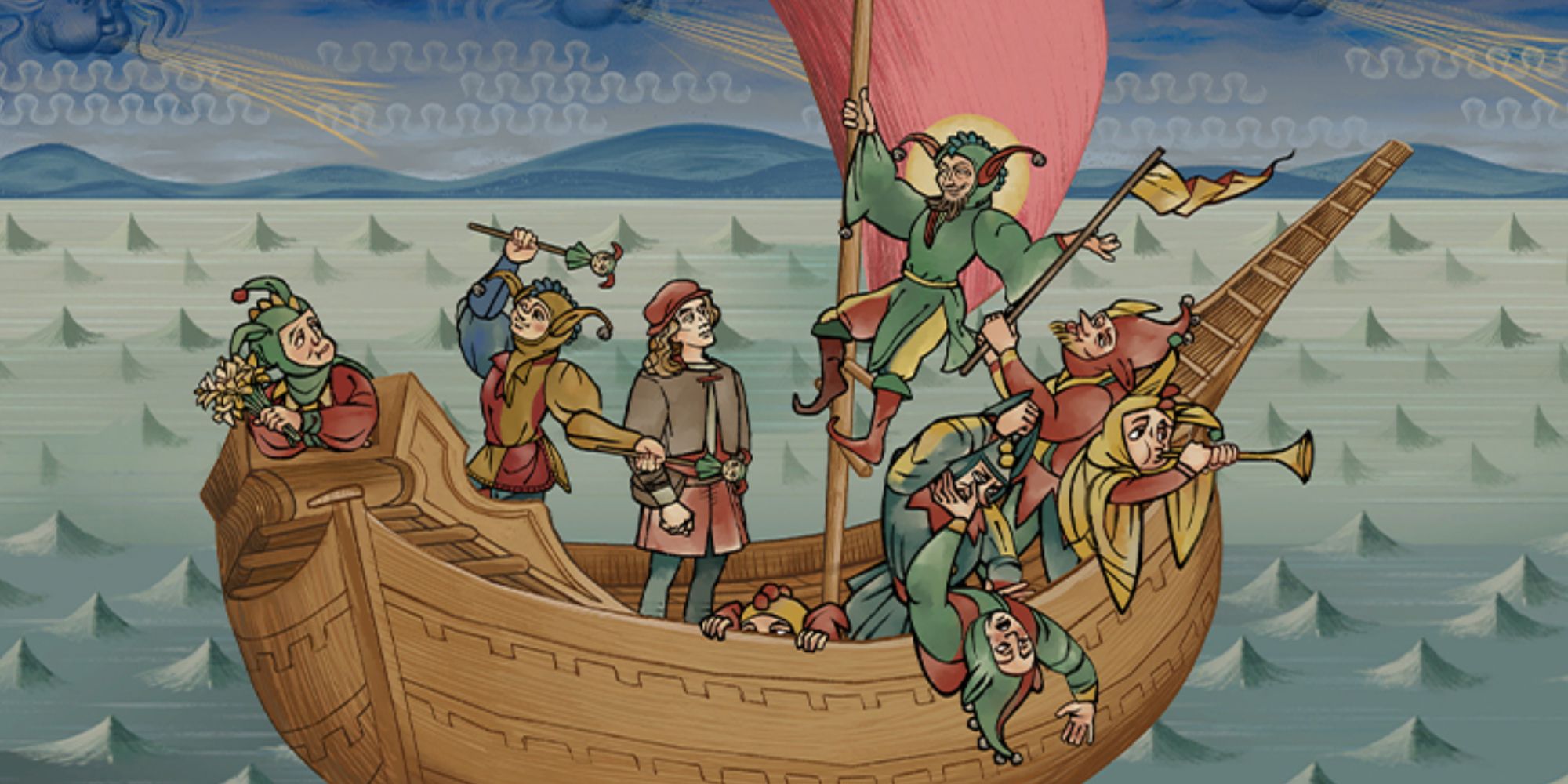 Numerous characters on a sail ship in Pentiment, which emulates Medieval artworks in its style.