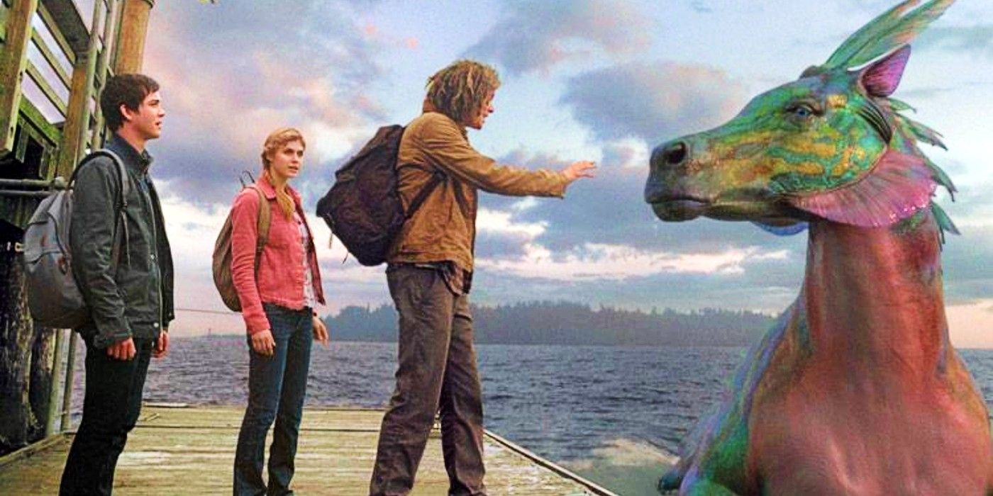 Annabeth e Percy assistindo Tyson alcançar uma criatura marinha gigante em Percy Jackson e o Mar de Monstros