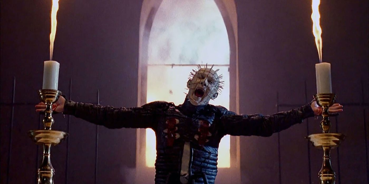 Pinhead screaming with his arms psread in Hellraiser Hell on Earth.