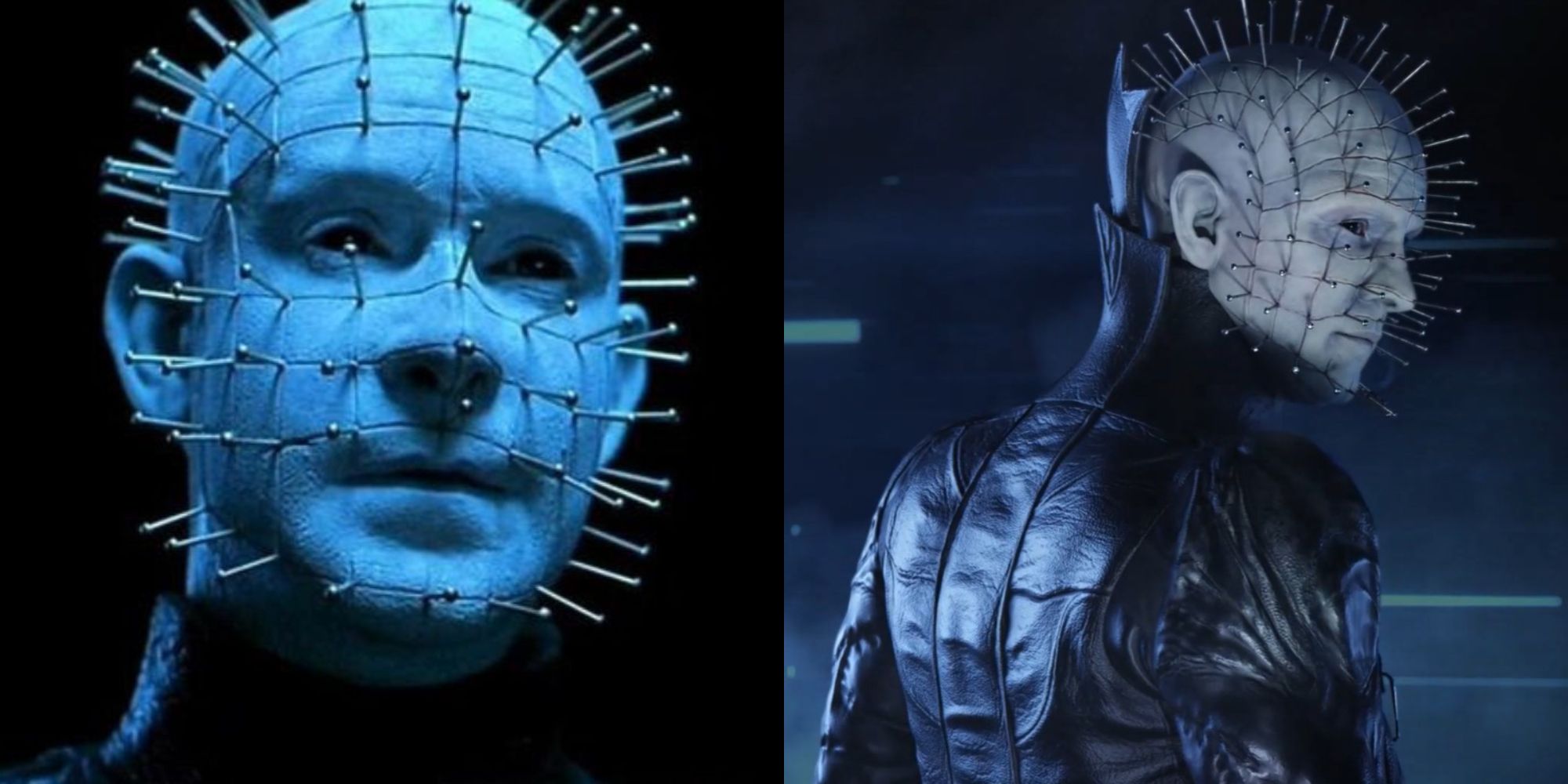 Split image showing Pinhead in two Hellraiser movies.