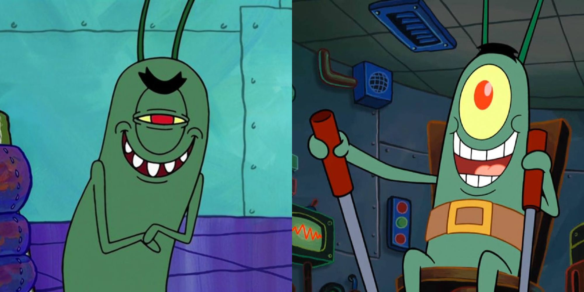 Split image showing Plankton in SpongeBob SquarePants.