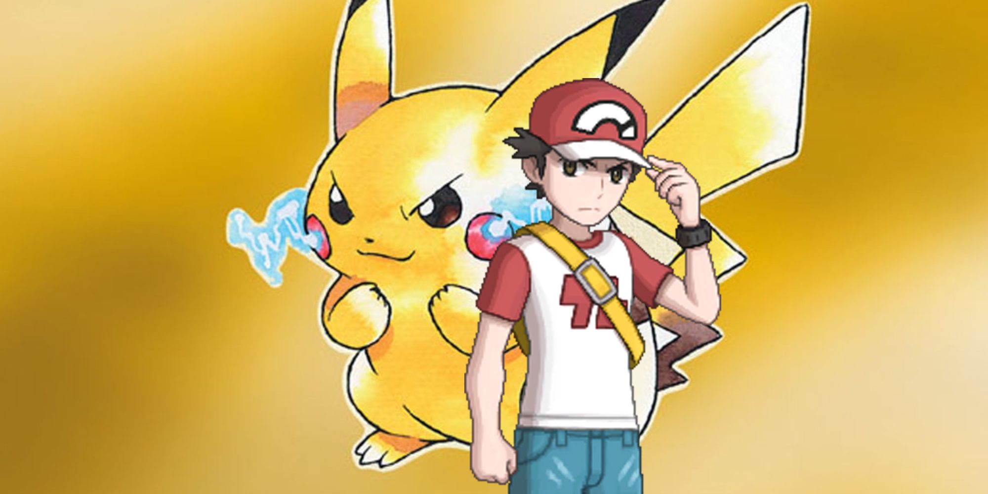 Red standing in front of the Pikachu artwork from Pokémon Yellow.