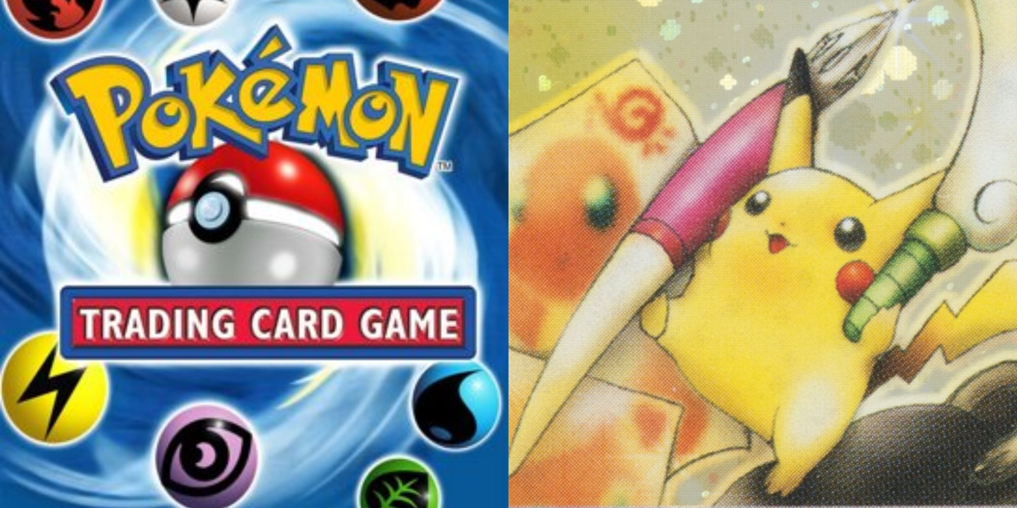 Split image showing the Pokémon TCG logo and the Illustrator Pikachu card.