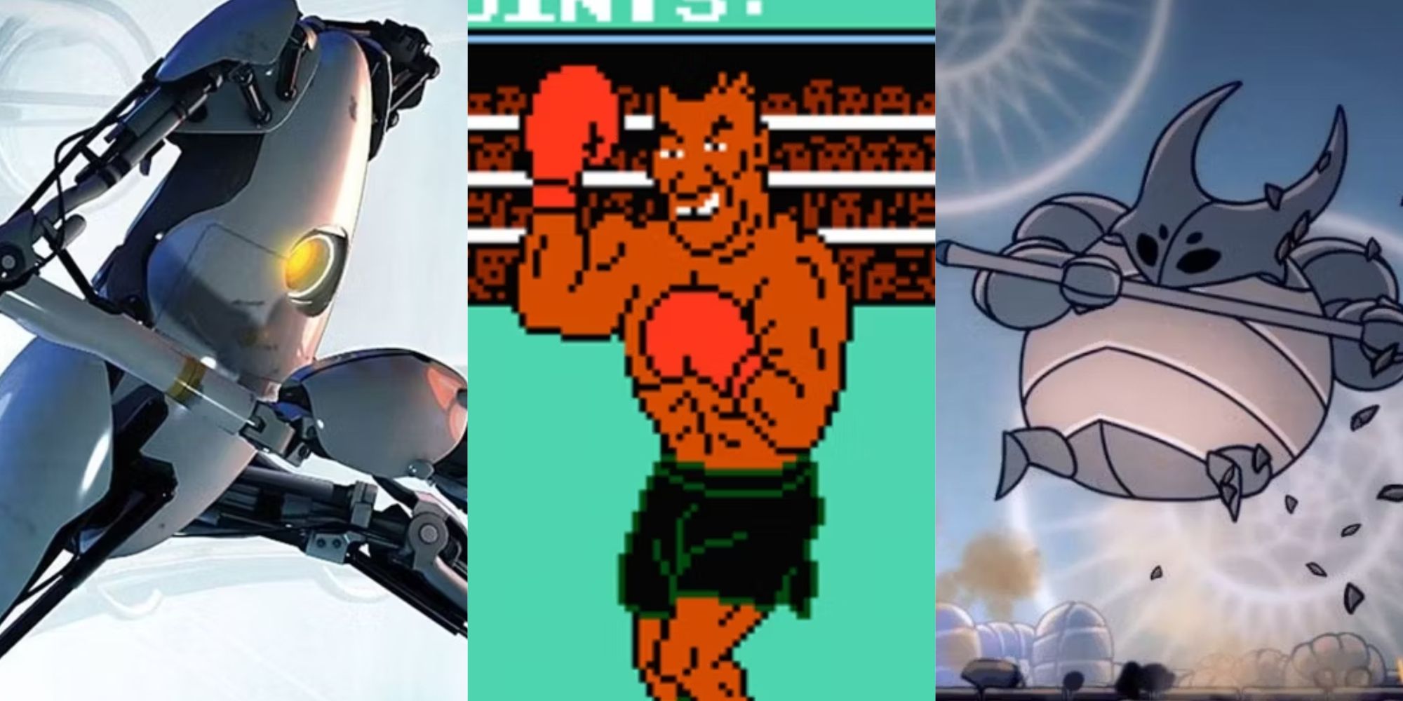 A split image of Portal, Punch-Out, and Hollow Knight.