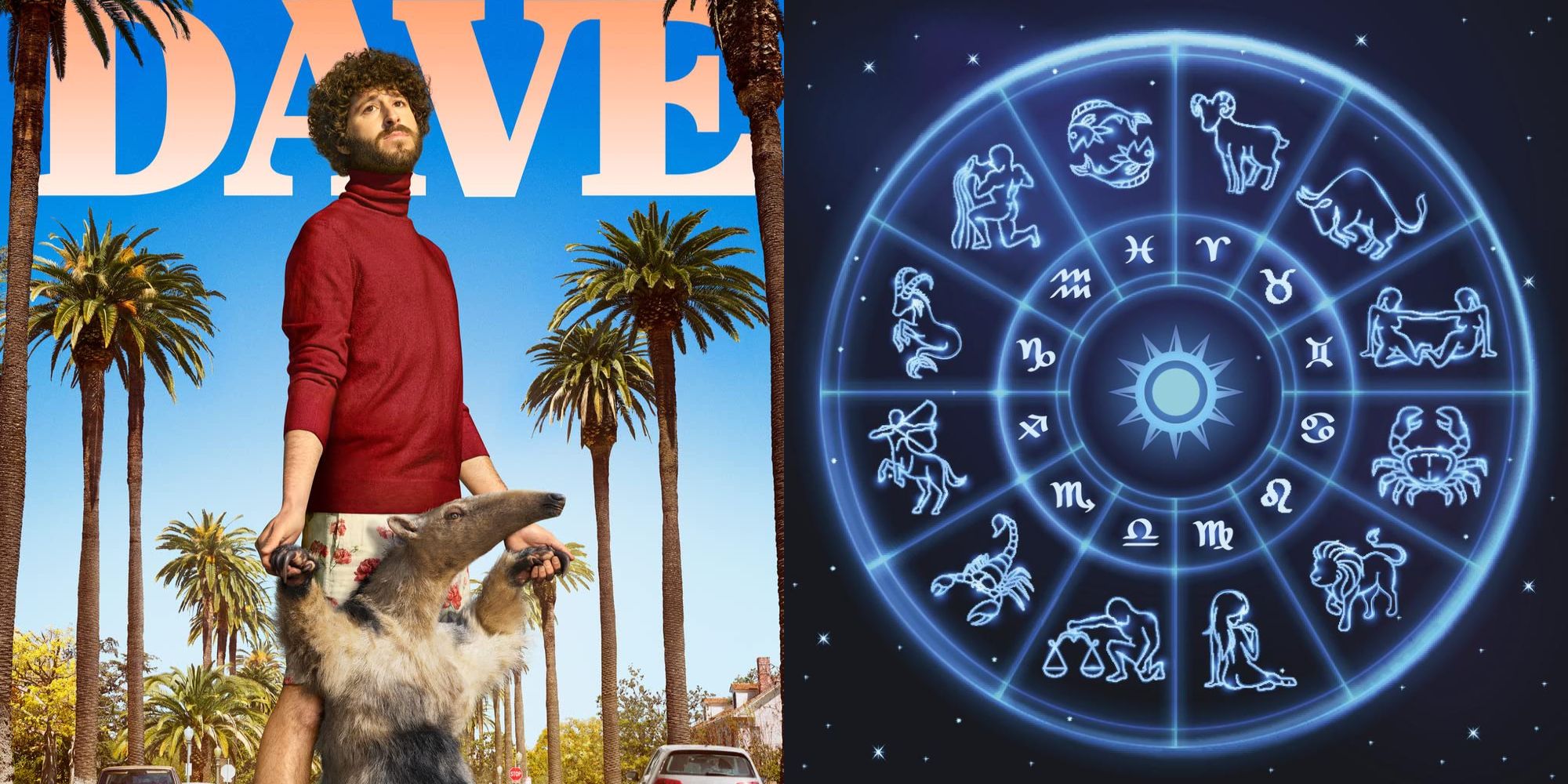 Split image showing the Poster for Dave and a zodiac wheel