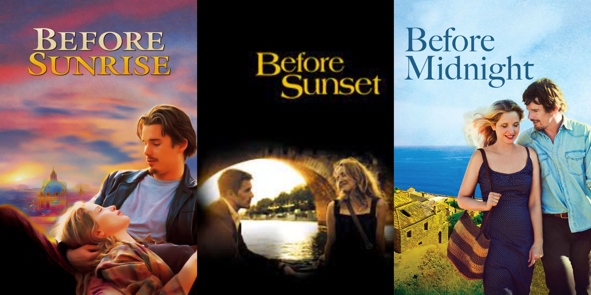 Split image showing posters for Before Sunrise, Before Sunset, and Before Midnight