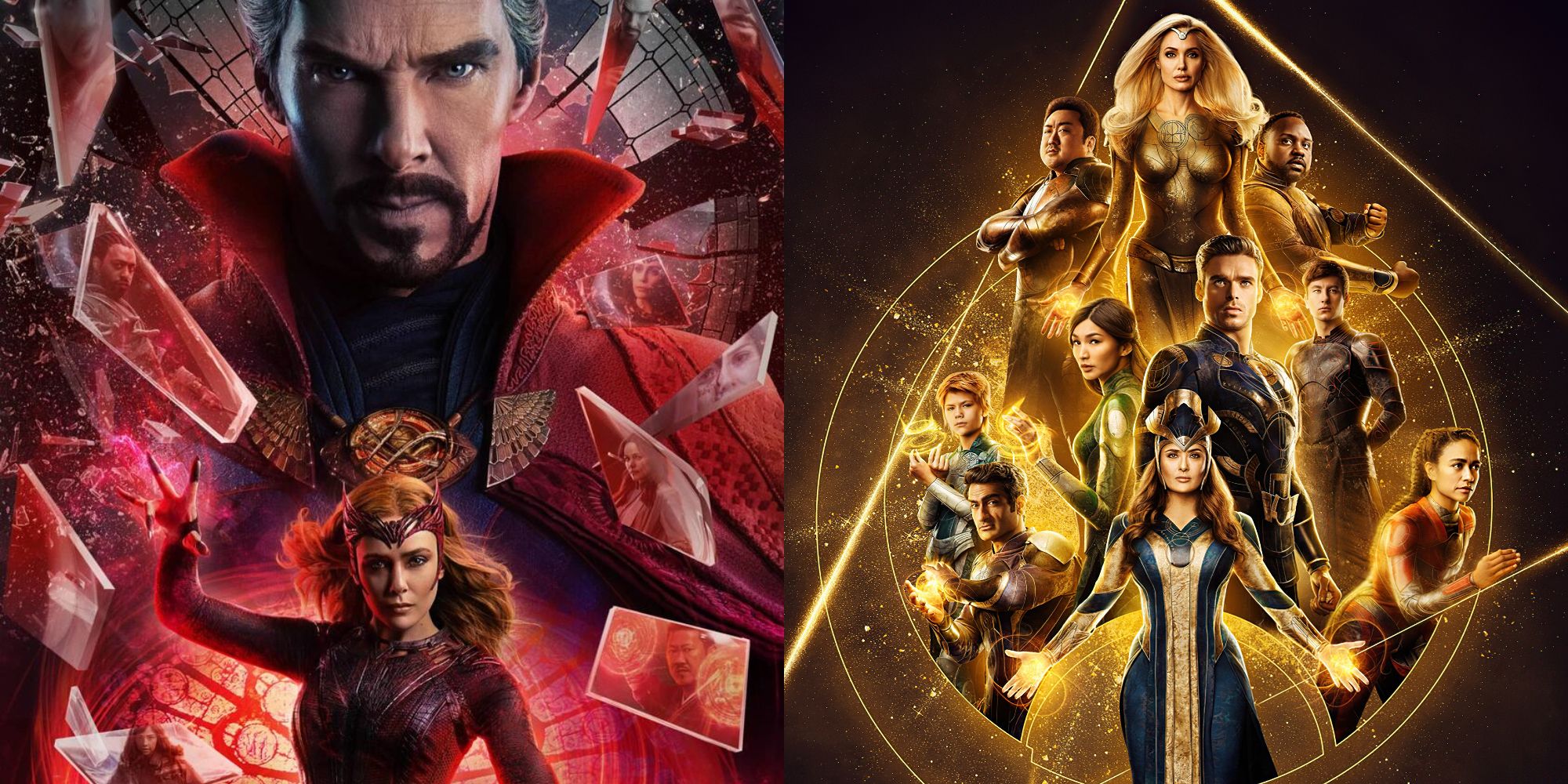 Split image showing posters for Doctor Strange in the Multiverse of Madness and Eternals.