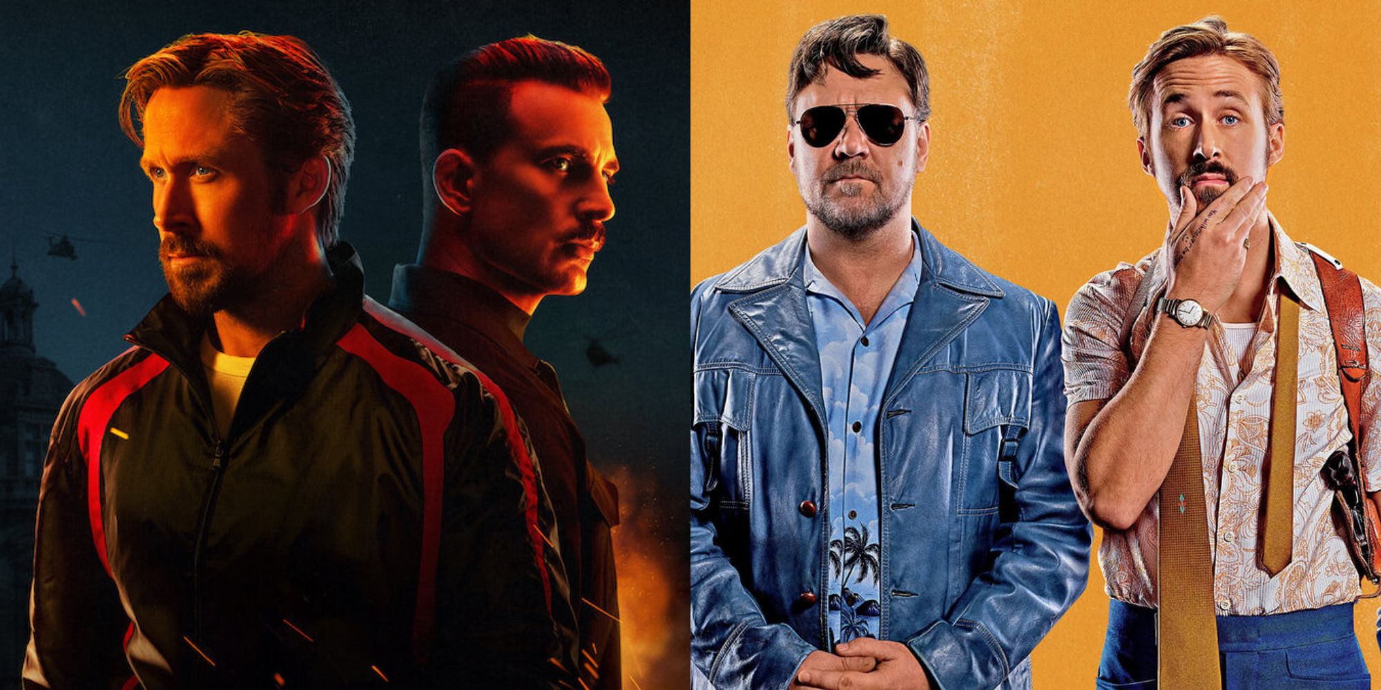 Split image showing posters for The Gray Man and The Nice Guys.