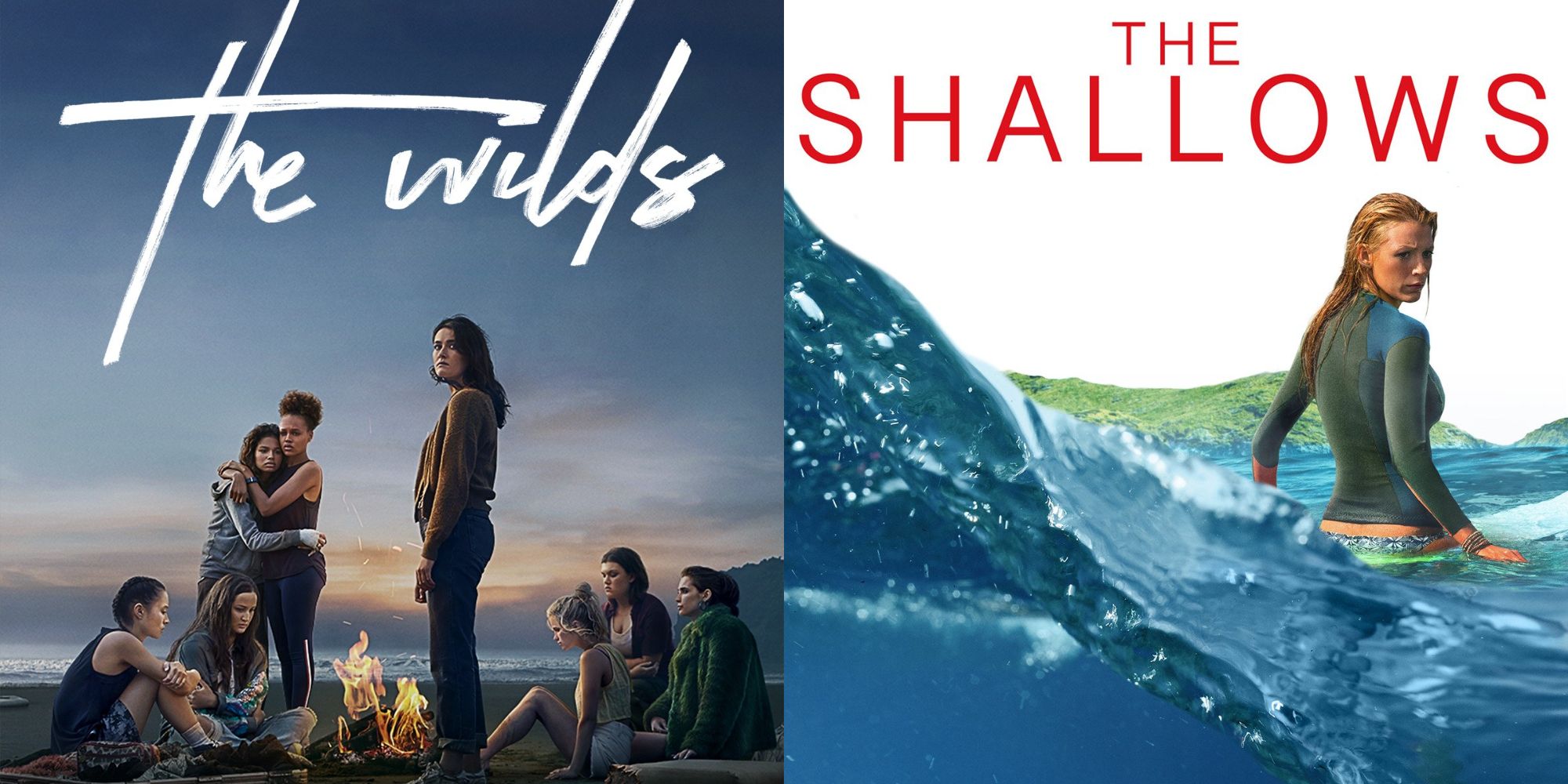 Split image showing posters for The Wilds and The Shallows.