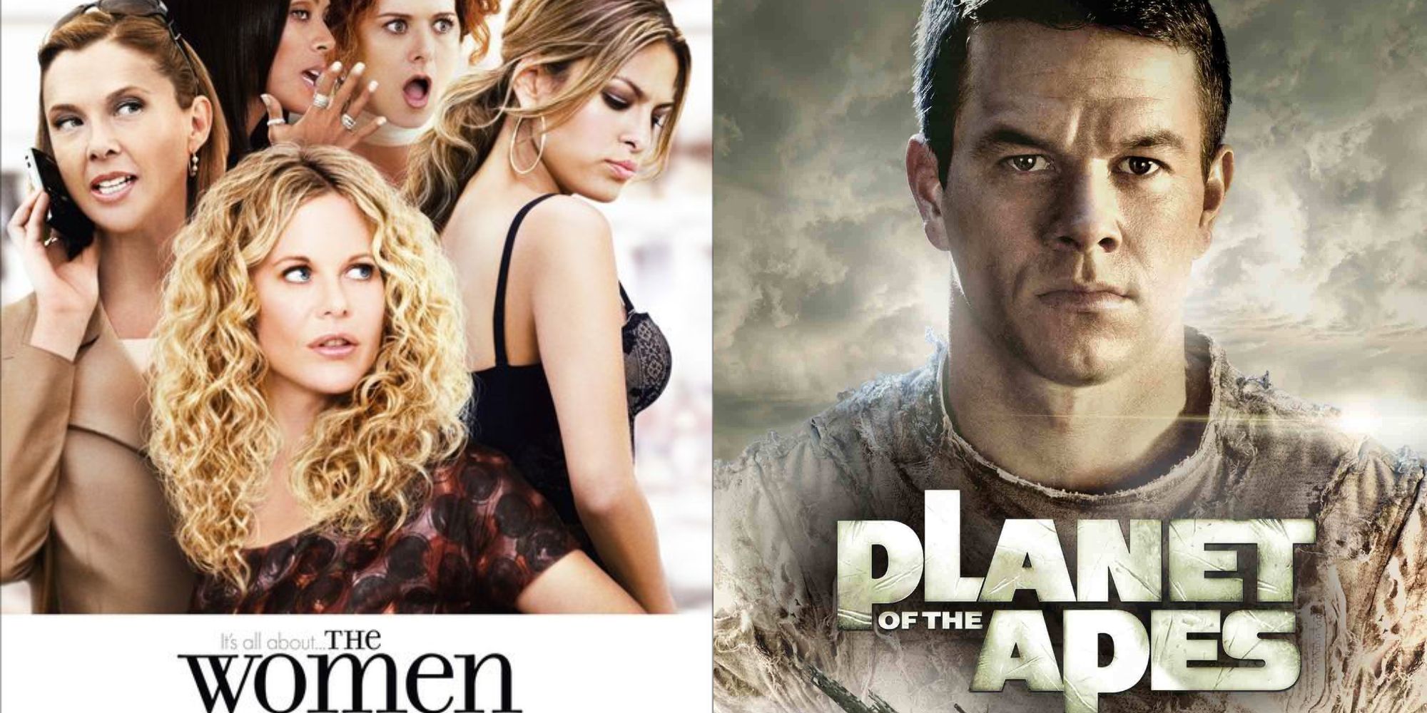 Split image showing posters for The Women 2008 and Planet of the Apes 2001.