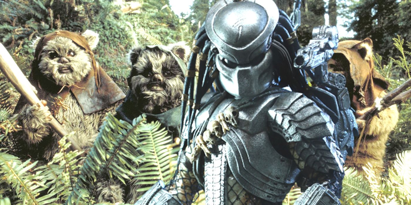 The alien from Predator wearing mask and armor looming in the foreground with several furry Ewoks in the background in a forest setting