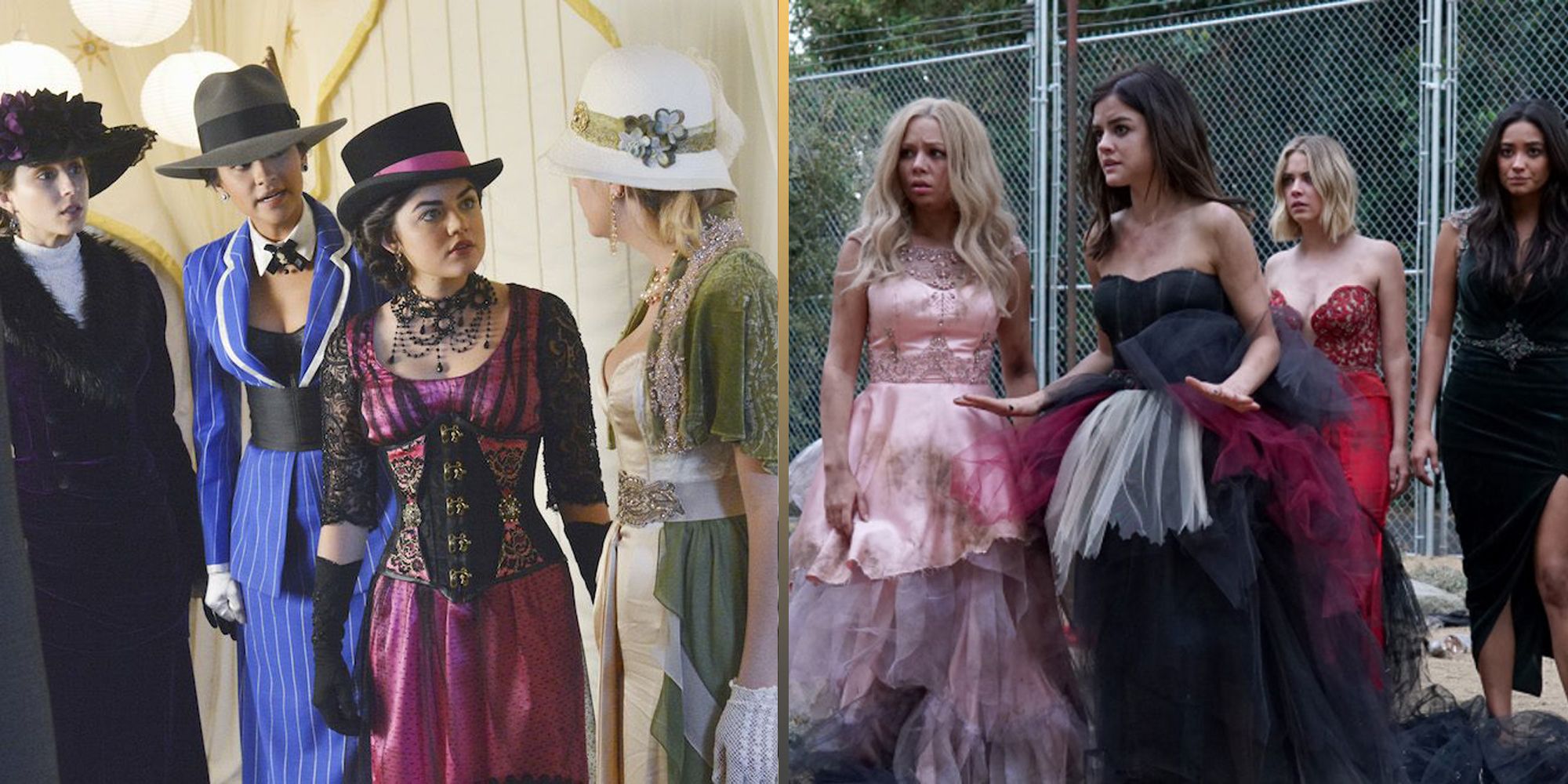 A split image features the liars in costumes and the liars with Mona in tattered prom dresses in Pretty Little Liars