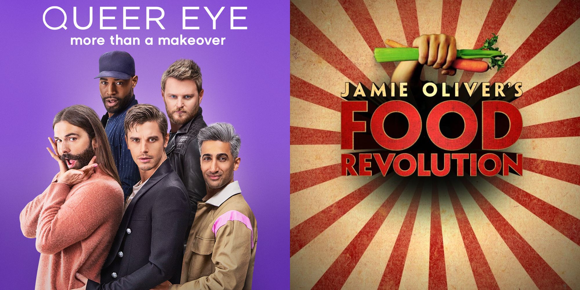 Split image showing posters for Queer Eye and Jamie Oliver's Food Revolution