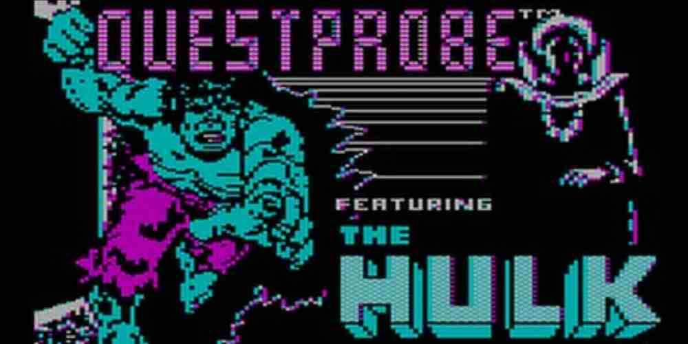A tela de título do jogo Questprobe estrelado pelo Hulk.