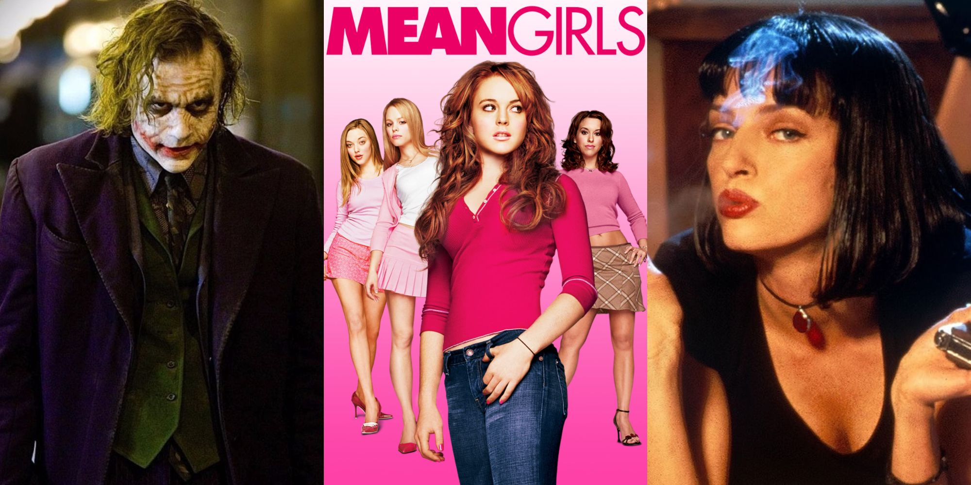 Stills from The Dark Knight, Mean Girls, and Pulp Fiction