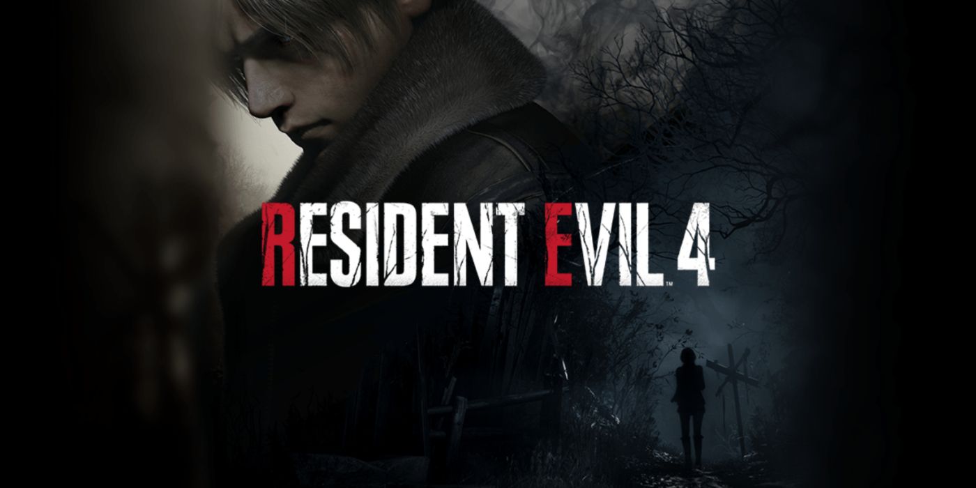 Resident Evil 4 remake key art featuring Leon looming overhead and Ashley in ominous woods.