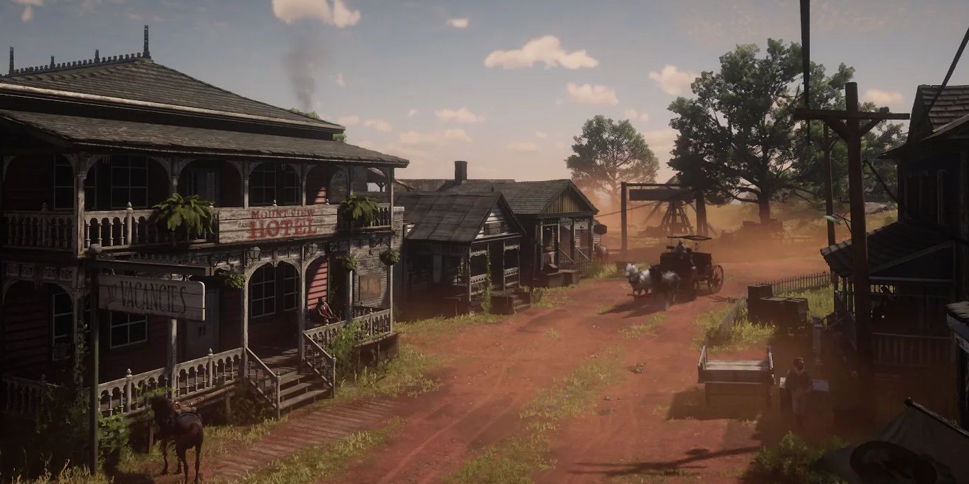 An Image of Rhodes in RDR2, featuring a passing cart, a hotel, and several buildings.