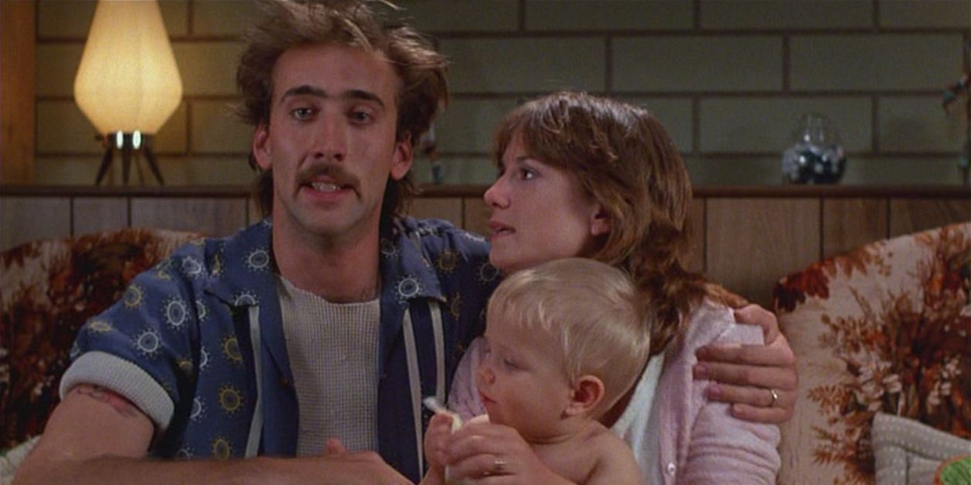 Nicolas Cage and Holly Hunter with a baby in Raising Arizona